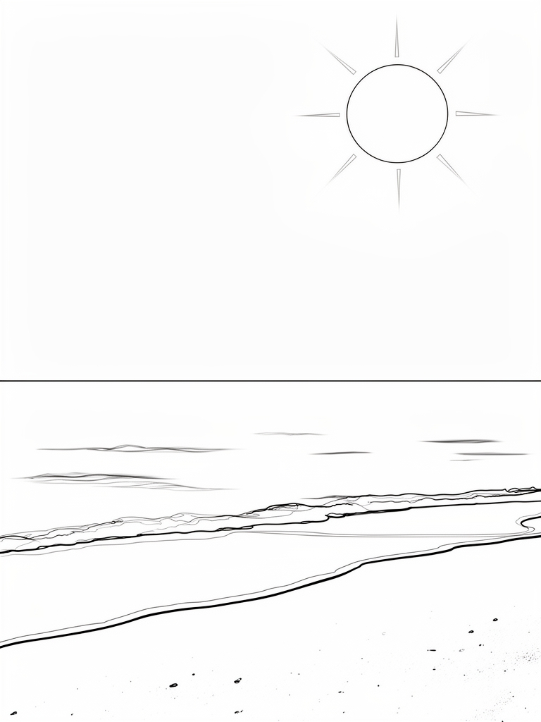 نقاشی بدون رنگ یک تصویر ساحل که خورشید تو آسمان هست که و در حال درخشیدن میباشد. در حقیقت یک روز آفتابی در یک ساحل
1