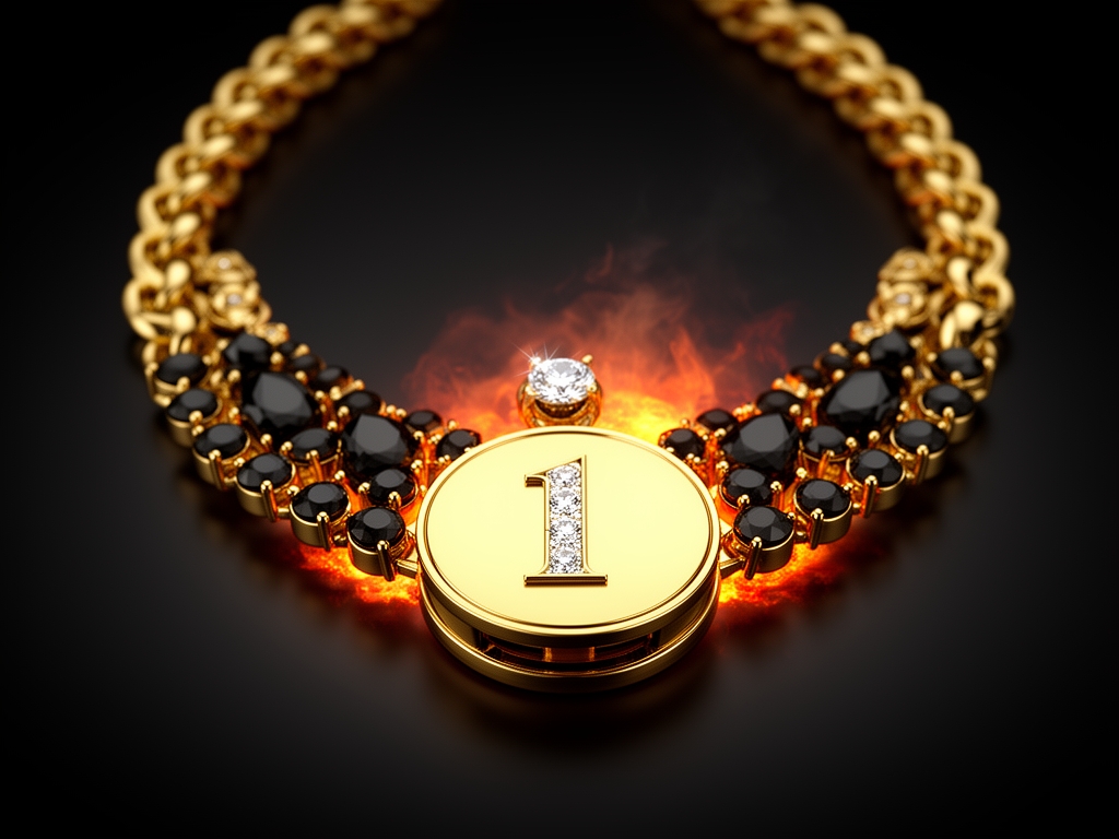 گردنبند طلایی درخشان فول نگین که پلاک آن عدد ۱ باشد خیلی خوشگل خفن با فاصله نسبتاً زیاد از یك بکگراند فوق العاد زیبا سنگ های مشکی مات و گدازه اتش اویزان است5
