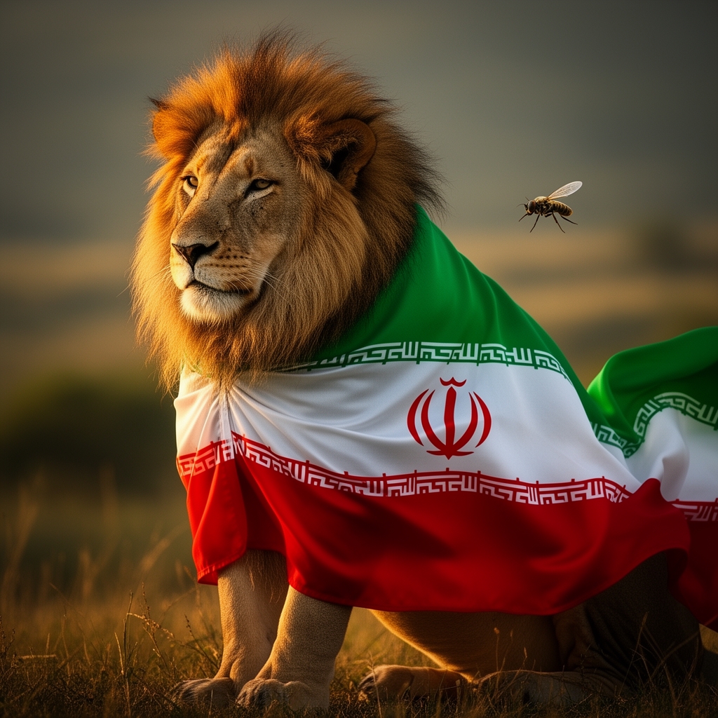 ایران‌ یک شیر بزرگ که شیر یک شنل پرچم ایران دارد و آمریکا و اسرائیل یک مگس هستن4