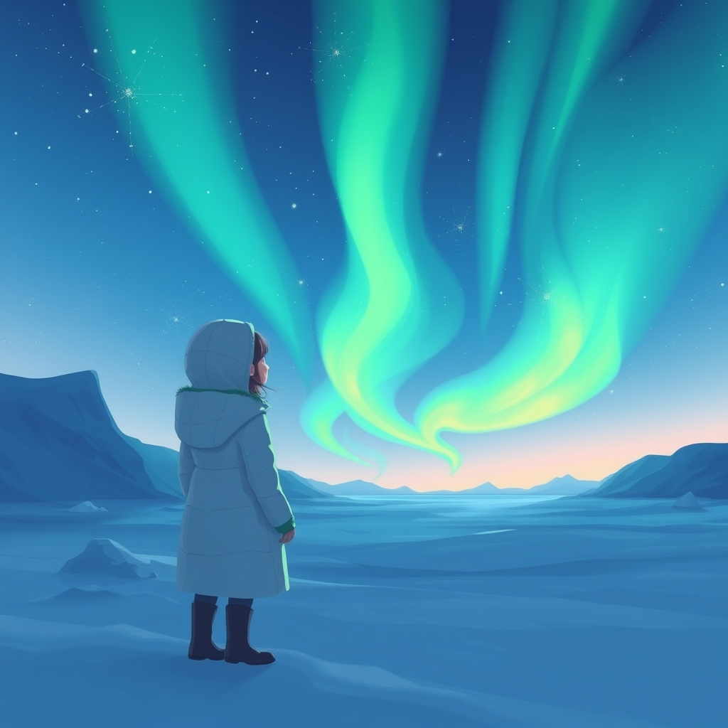 عکس یک دختر با کاپشن سفید که در قطب شمال دارد شفق‌های قطبی رو نگاه می‌کند16