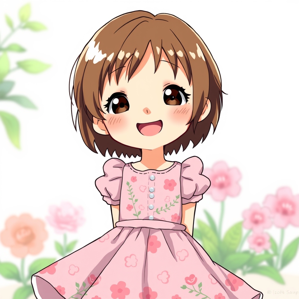 دختری شش ساله با موهای کوتاه قهوه ای رنگ و چشمان مشکی که صورتی گرد دارد با لباسی دامن دار گل دار صورتی 9