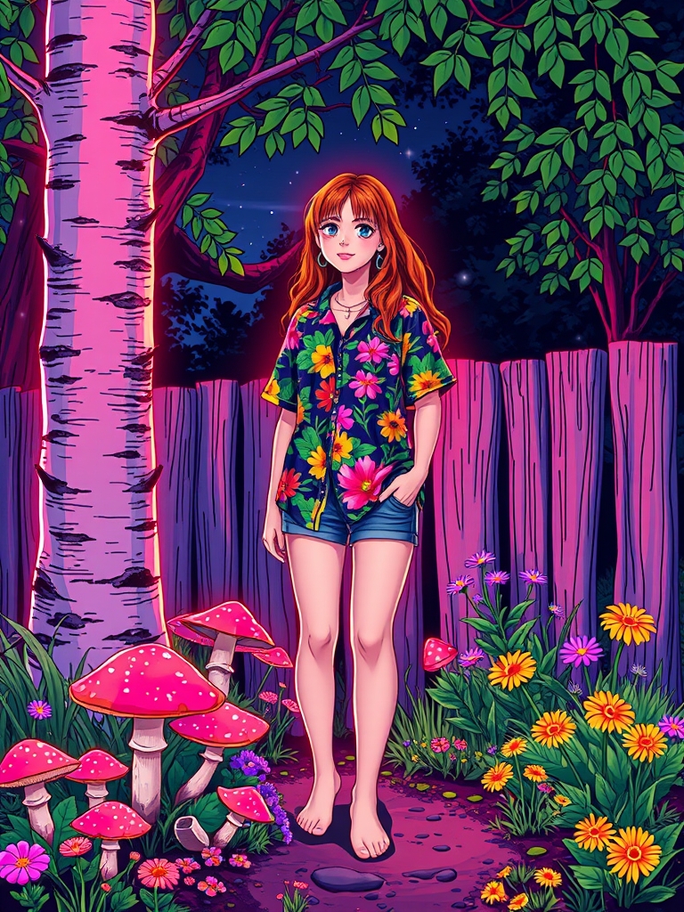 The image is an illustration of a young girls 22 old years wearing beautiful shirt , standing barefoot near a birch tree and a wooden fence, surrounded by mushrooms and wildflowers.5