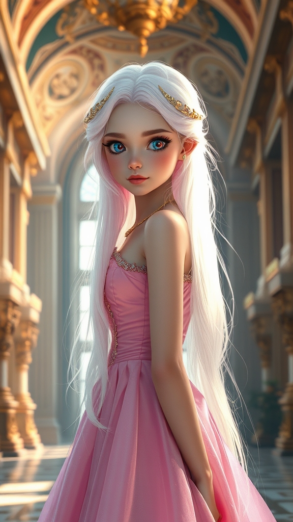 عکس دختری بسیار زیبا و جوان در سن هجده سال با موهای سفید و صورتی و بلند با چشم های رنگی و با لباسی خاص به رنگ صورتی و در قصر برایم تولید کن
23