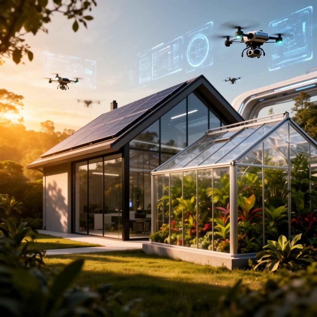 یک خانه مدرن آینده نگرانه در یک محیط زیبا.
سقف خانه با پنل خورشیدی ساخته شده.
در بخشی از خانه گلخانه بزرگ کنار خانه وجود دارد.
در این آینده علم بسیار پیشرفت کرده.
ابزارها و ساختمان ها کاملا واضح و اتوپیایی و کاملا آینده نگرانه.5