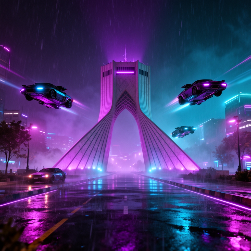 برج آزادی تهران در یک شب بارانی با سبک سایبرپانک، نورهای نئون بنفش و آبی، ماشین‌های پرنده در اطراف برج، کیفیت 8k.3