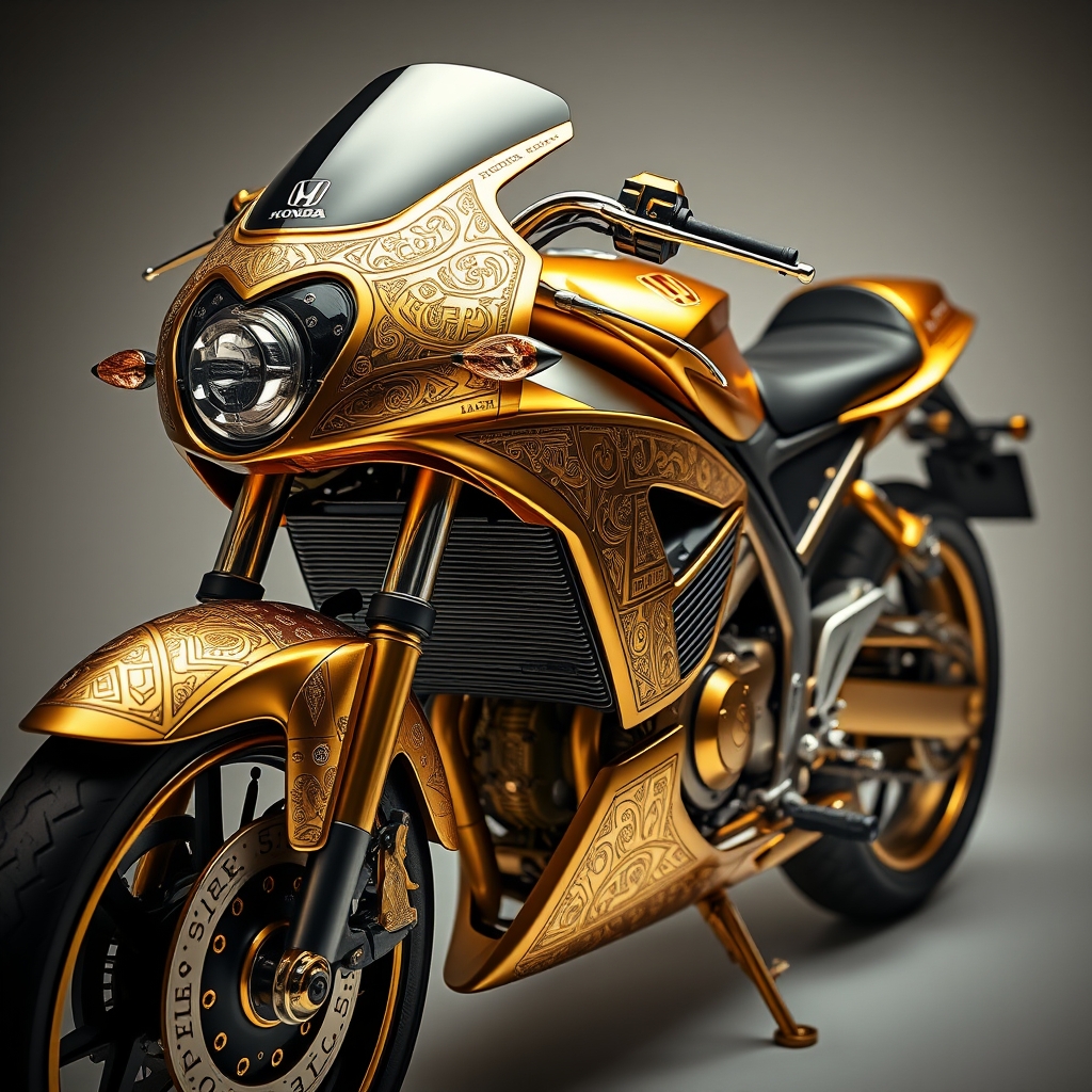 موتور honda با بدنهای از جنس طلا و حکاکی باستانی ایرانی در قسمتهای مختلف تزین شده با سنگهای قیمتی5