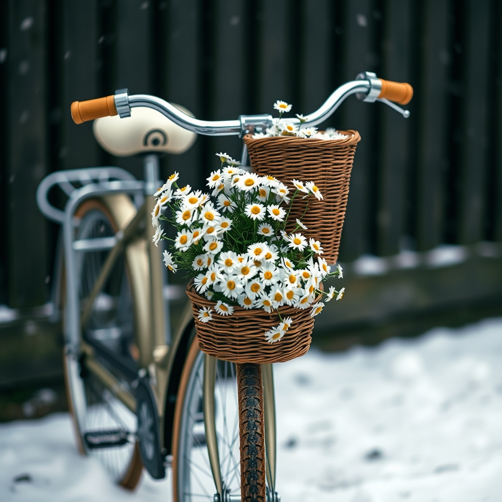یه دوچرخه از این دخترونه خوشگلا که جلوش سبد داره در حالی که تو سبدش پر گل بابونه اس داخل برف17