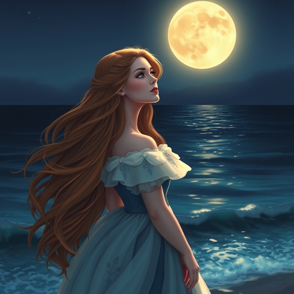 ملکه ای در کنار دریا ایستاده و ماه کامل را تماشا می‌کند موی های خیلی بلندی دارد و لباس سلطنتی دارد و نسیم بسیار ملایمی می وزد16