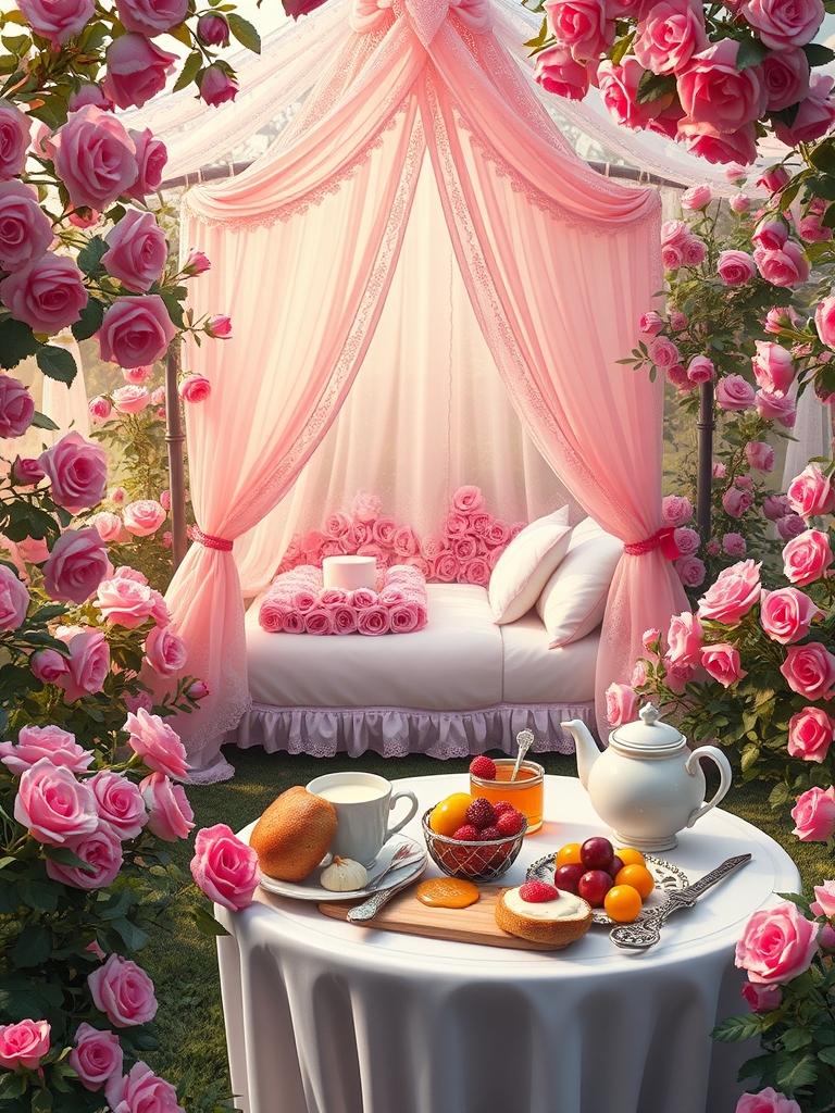 باغ گل رز صورتی در احاطه درختان پرشکوفه سیب یک خیمه توری صورتی یک تخت خواب دخترانه سفید پر از گل های رز صورتی با میز سفید صبحانه شیر نان کره خامه عسل مربا میوه با گل رز و خنجر
14