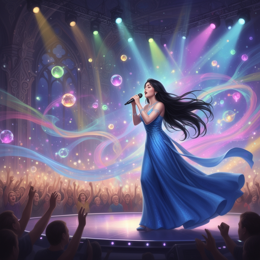 یک دختر با موهای سیاه بلند که میکروفون دستشه و داره آهنگ میخونه و رو صحنه هست و بقیه از پایین هورا میکشن و دختر با یک لباس بلند آبی رو صحنه هست و صحنه رنگارنگه  تصویر انگار از سمت راست گرفته میشه 4