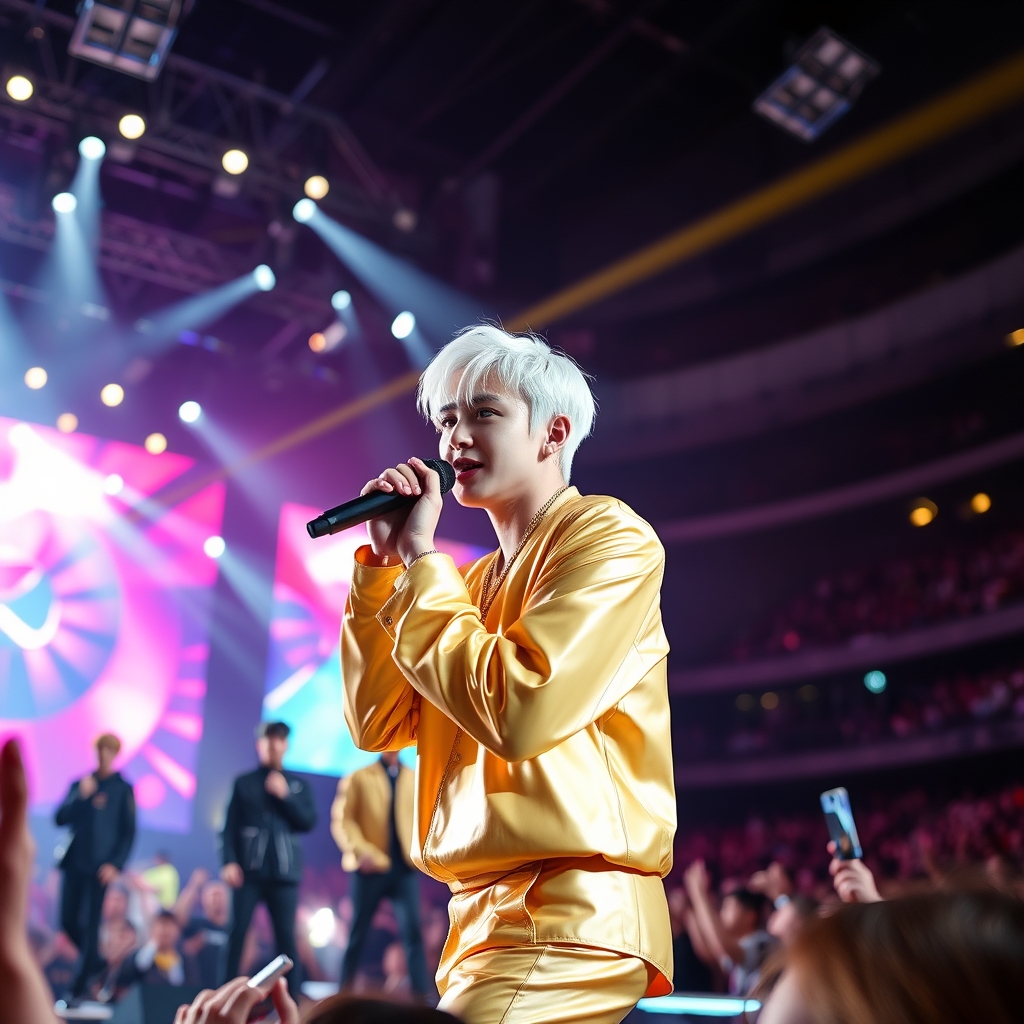 جیهوپ عضو بی تی اس با اعضا توی کنسرت میکروفون به دست با موهای سفید و چشم های سفید و لباس طلایی20