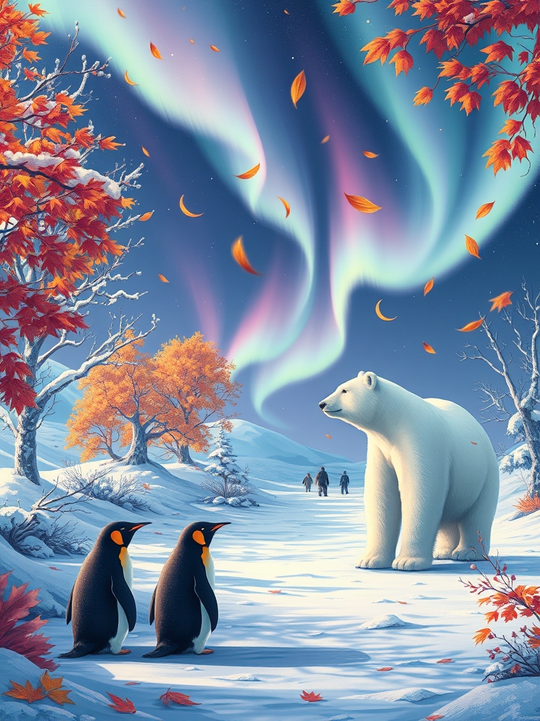 پاییز در قطب جنوب ، شفق قطبی ، درختای پاییزی و برگ ها، برف و یخ، باد سرد، رقص برگ ها در باد، 🍁🍂🌬🌨🌫☁❄❄❄🌌 ، 🐻❄️🐻❄️🐧🐧2
