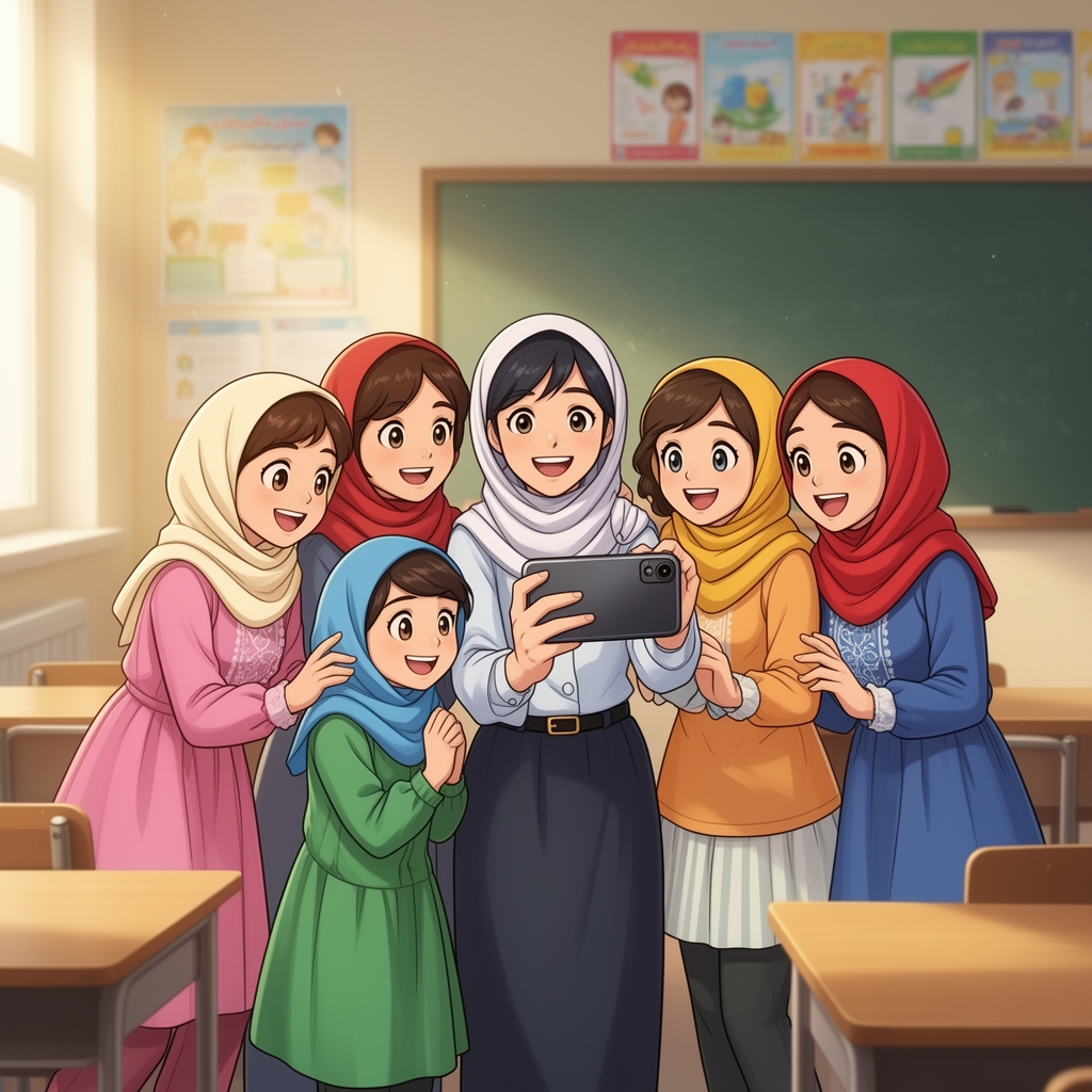 ۶تا دختر و معلم  ایرانی که باحجاب هستند  در حال سلفی گرفتن در مدرسه با اسم های الناز و مهسا و رها و ضحی و کوثر و سونیا 1