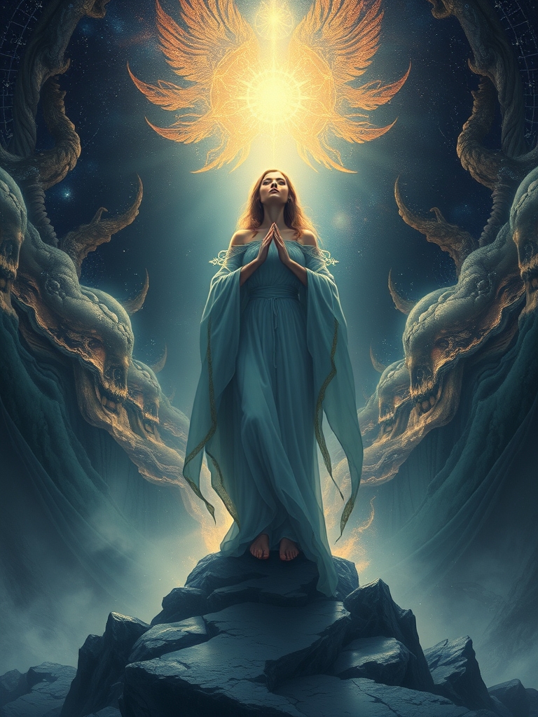 زنی بسیار زیبا و خردمند و در سطح بالای عرفان که بر بنیادهای هستی پا نهاده است و کنه هستی را میبیند12