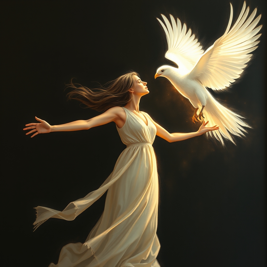 The image depicts a surreal scene with a woman in a flowing dress,with her hair blowing in the wind, her arms outstretched, reaching towards a white, ethereal bird. The background is dark, creating a stark contrast with the luminous bird and the woman's dress.20