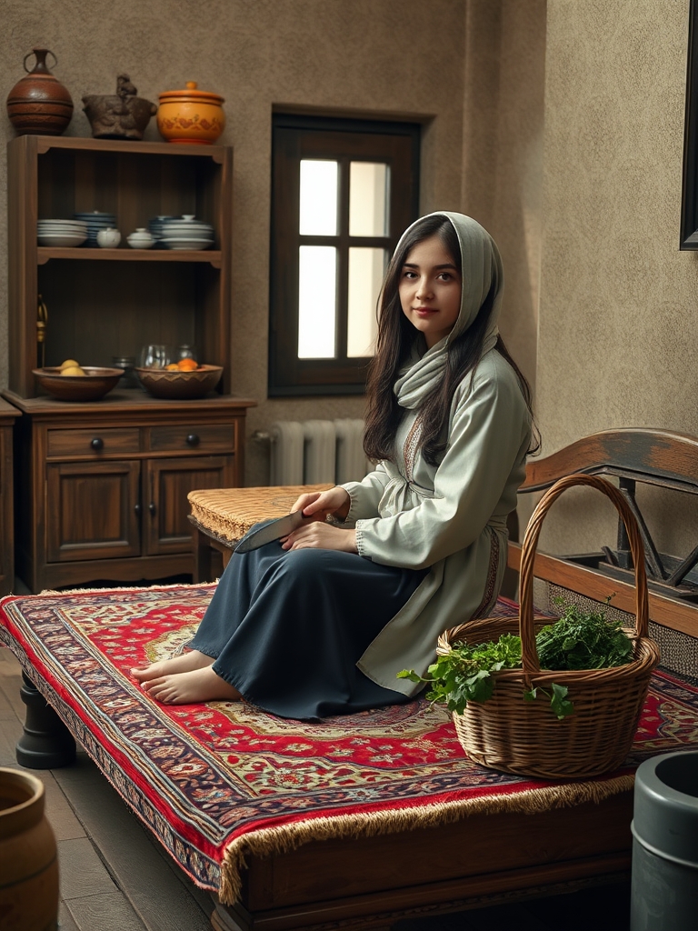 یک دخترنوجوان ایرانی
که در آشپز خانه خانه ی سنتی روی یک رو فرشی قدیمی زیبا دارد روی تخت چوبی با چاقو سبزی خورد می کند و سبدی پر از سبزی کنار او است
(فضا آرامش)7