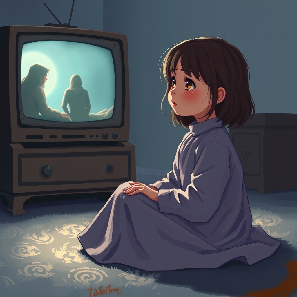 یک دختر بچه زیبا در حالی که به تلوزیون نگاه میکند و اشک میریزد11