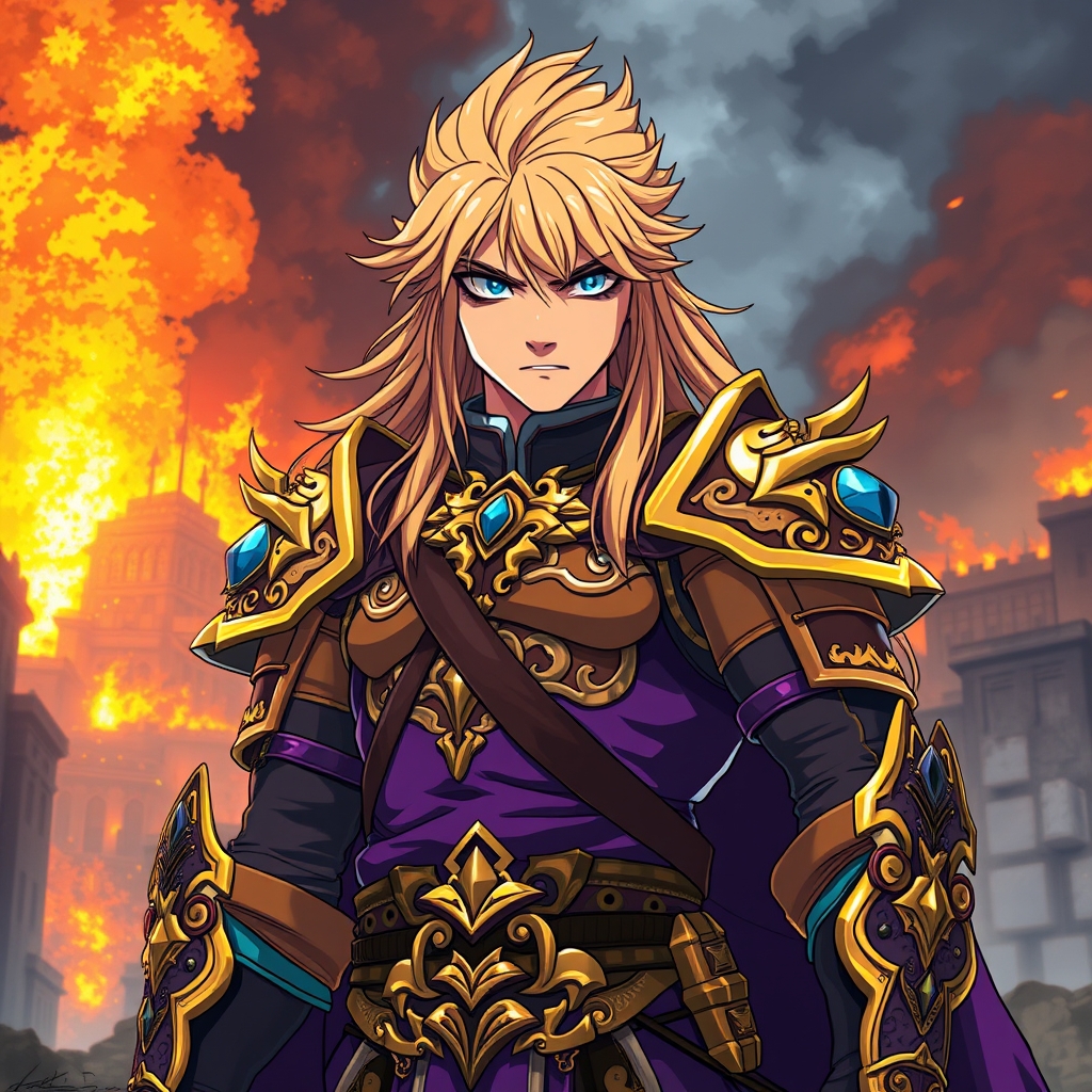 یک تصویر 
بیرون شهری سوخته 
سرداری مرد جوان زیباروی تاتاری با دوچشم پر خشم 
می غرد با موهای بلند طلایی بلند قد و تنومند
زرهی دارد از طلا و بنفش فانتزی جادویی20