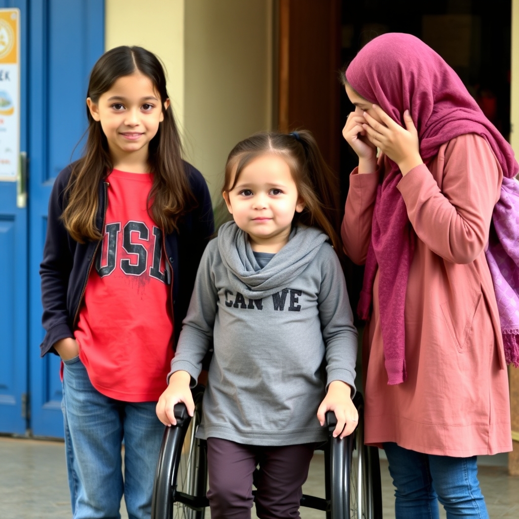 یک دختر معلول وجود دارد و دو دختر دیگر که به گوش هم چیزی میگویند 0