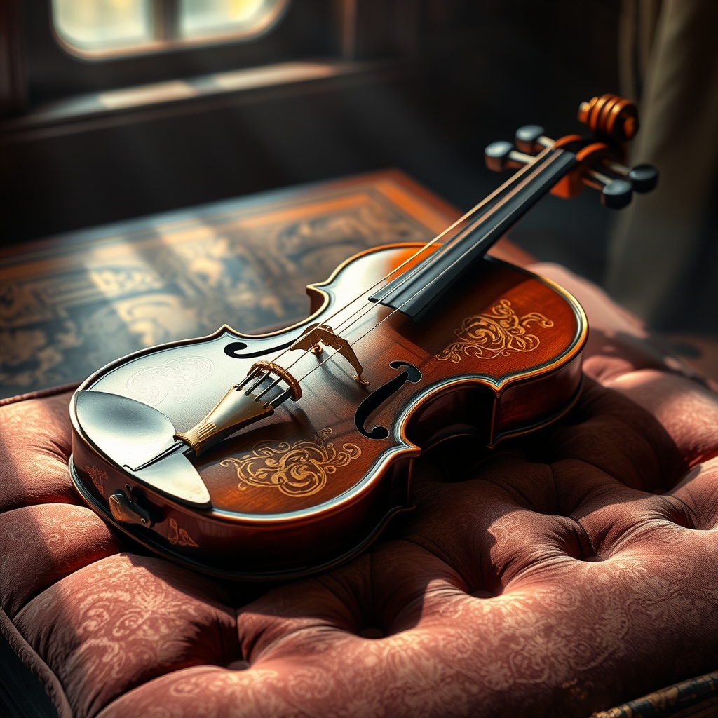 یک ویولن عتیقه با حکاکیهای طلایی، قرار گرفته روی یک بالشت مخملی زیر نور نرم.2