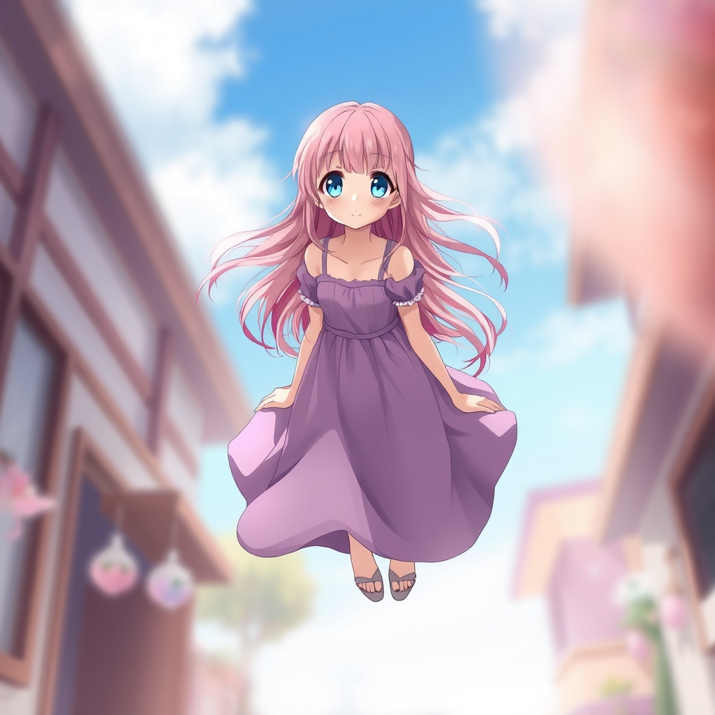 دختر ۱۸ساله بالباس دامنی بنفش و چشم آبی و موهای بلند صورتی در حال پرواز 17