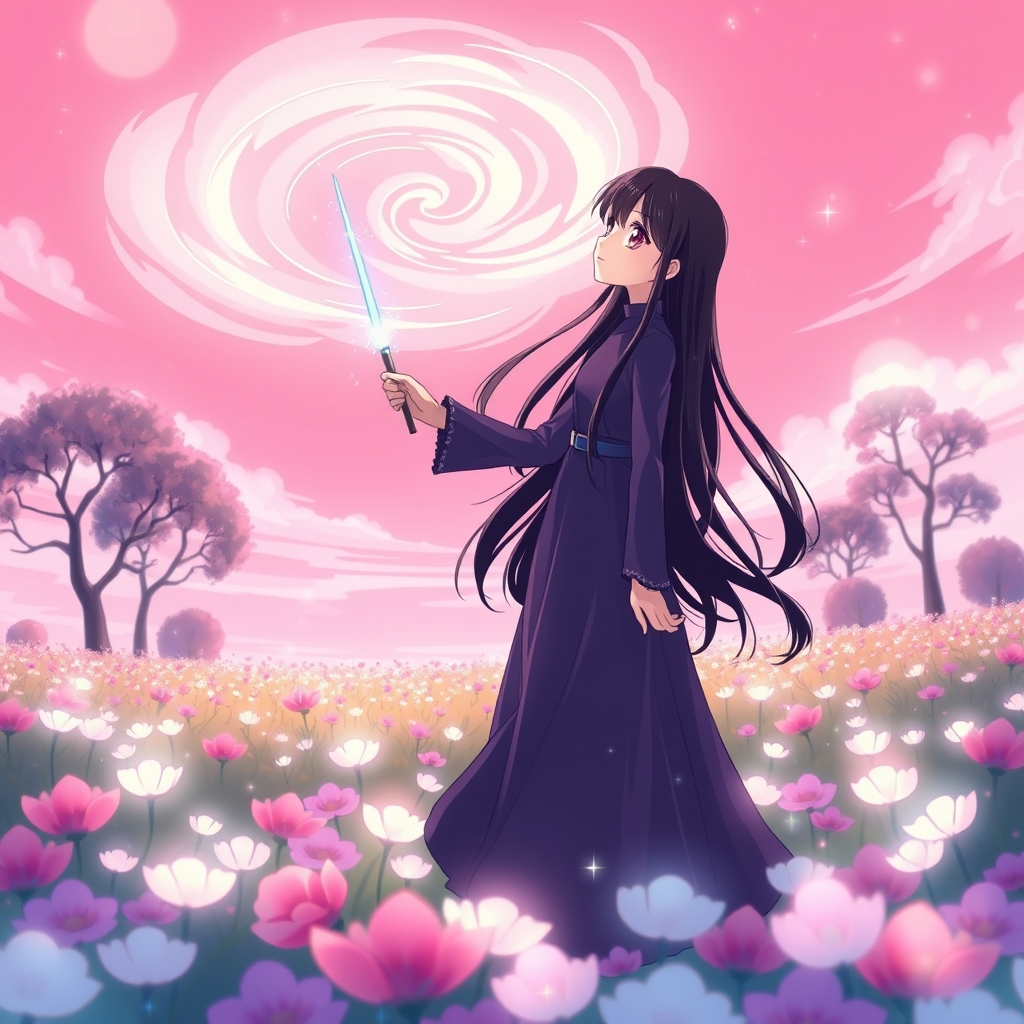 دختری در حال جادو کردن با عصای آبی رنگ که رنگ آسمان صورتی شده 21