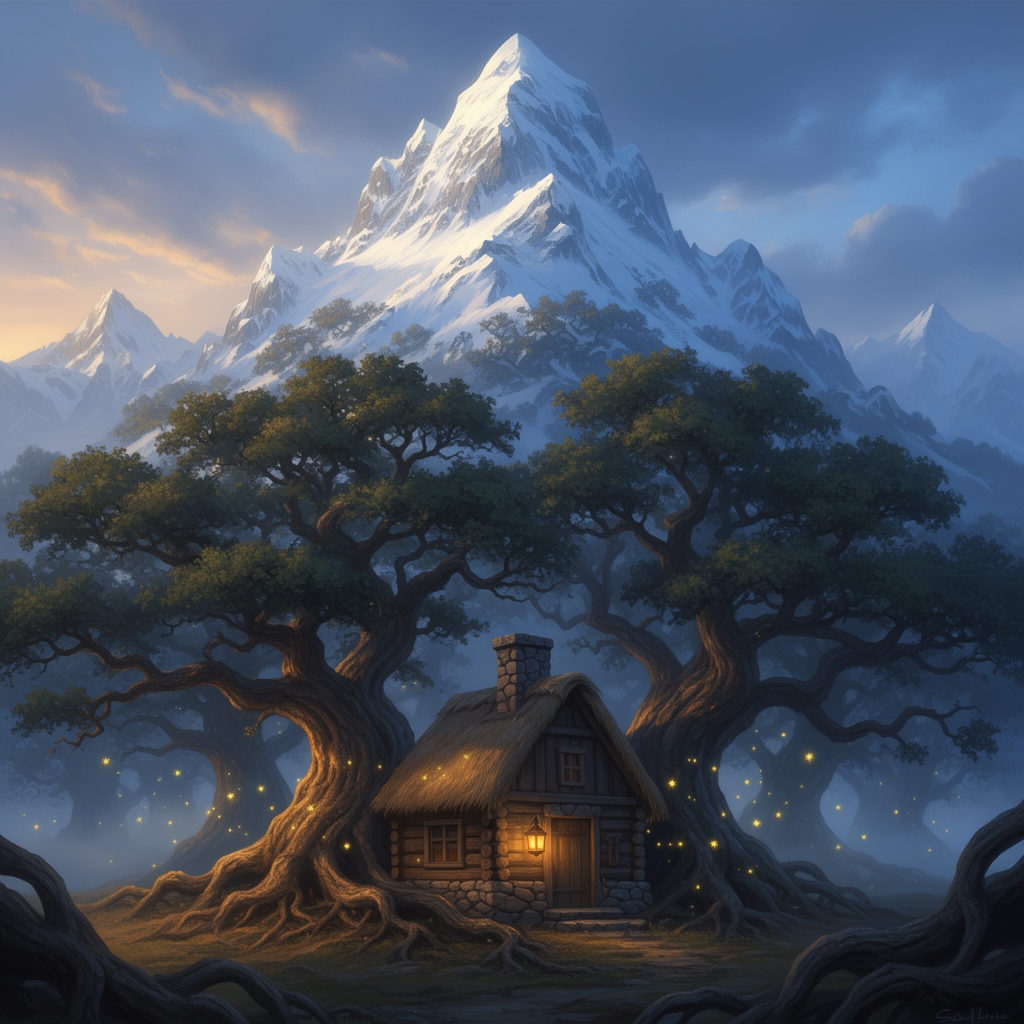 کوهی بلند و سفید پوش با درختان انبوه بلوط و کلبه ای چوبی در کوهپایه 1