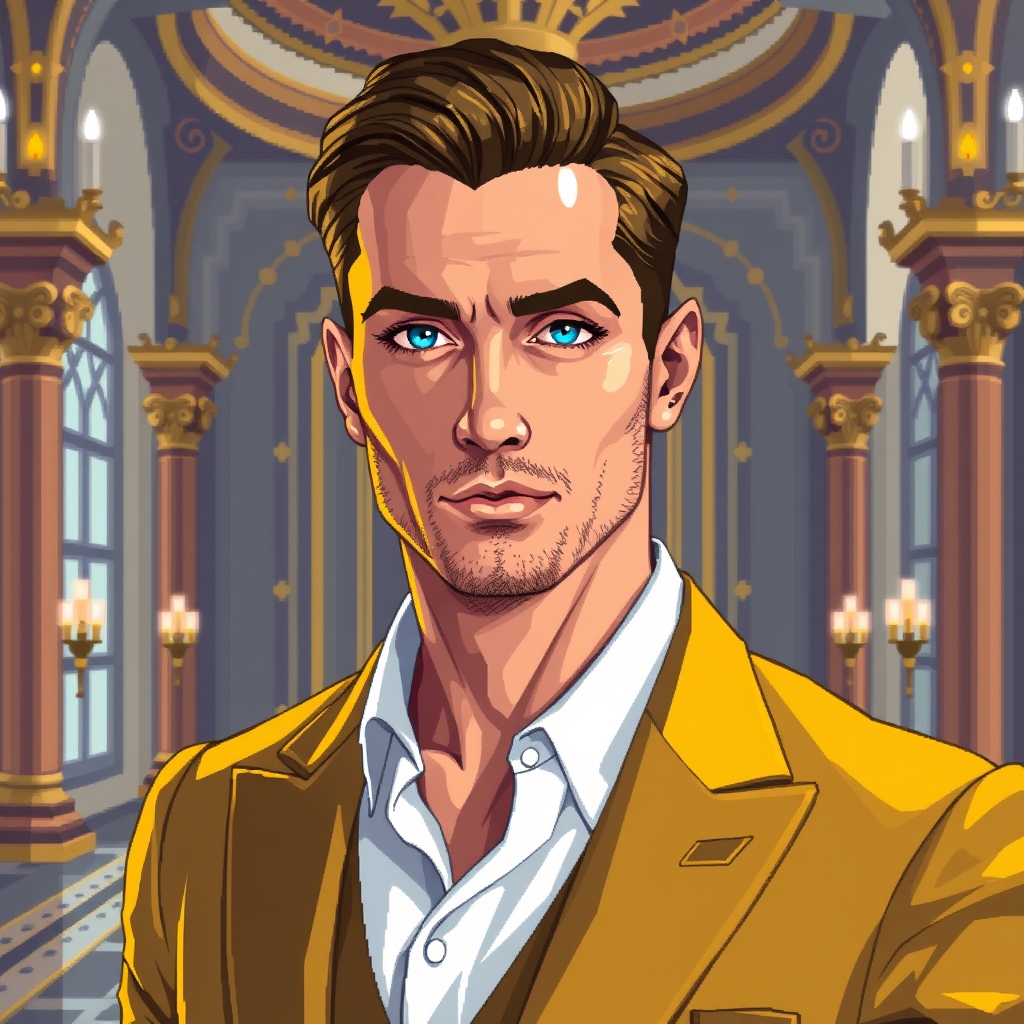 مرد خوش قیافه سفید پوست چشم آبی با کت و شلوار طلایی در سالن قصر اختصاصی4