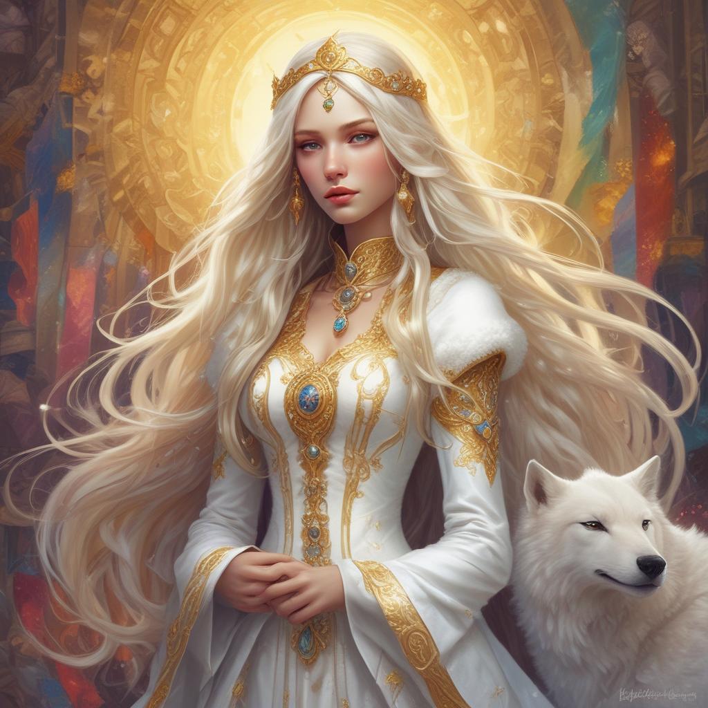 یک شاهزاده ی دختر زیبا با موی بلند براق و پوستی سفید و براق که پالتوی سفید با خز سفید و بعضی از جاهایش از طلا دوخته شده و ظریف است و با مردی عین خودش 16