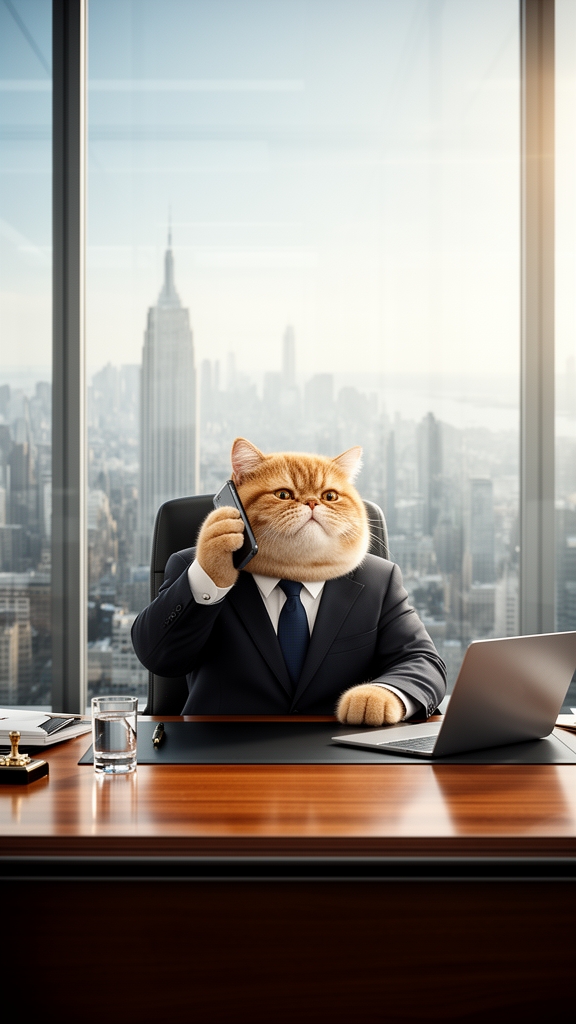 گربه‌ای چاق و بامزه با کت و شلوار رسمی و کراوات که پشت میز مدیریت نشسته و با تلفن صحبت می‌کند، دفتر کار شیشه‌ای در آسمان‌خراش.0