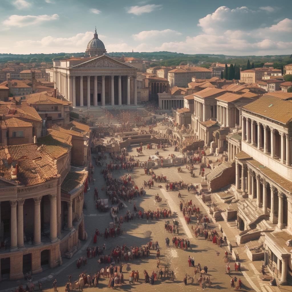 شهر باستانی و پرجنبوجوش روم با معماری بزرگ، خیابانهای شلوغ و شهروندان با لباسهای سنتی.8