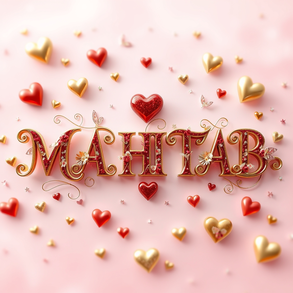 A digital art piece with the name "MAHTAB" written in luxurious, elegant swirling gold and shiny red letters. The letters are adorned with intricate floral patterns and tiny heart motifs, exuding beauty and sophistication. The composition is surrounded by vibrant gold and silver hearts and delicate fairy wings. The soft, light pink background enhances the overall elegance of this AI-generated masterpiece, making it a mesmerizing and captivating work of art.1