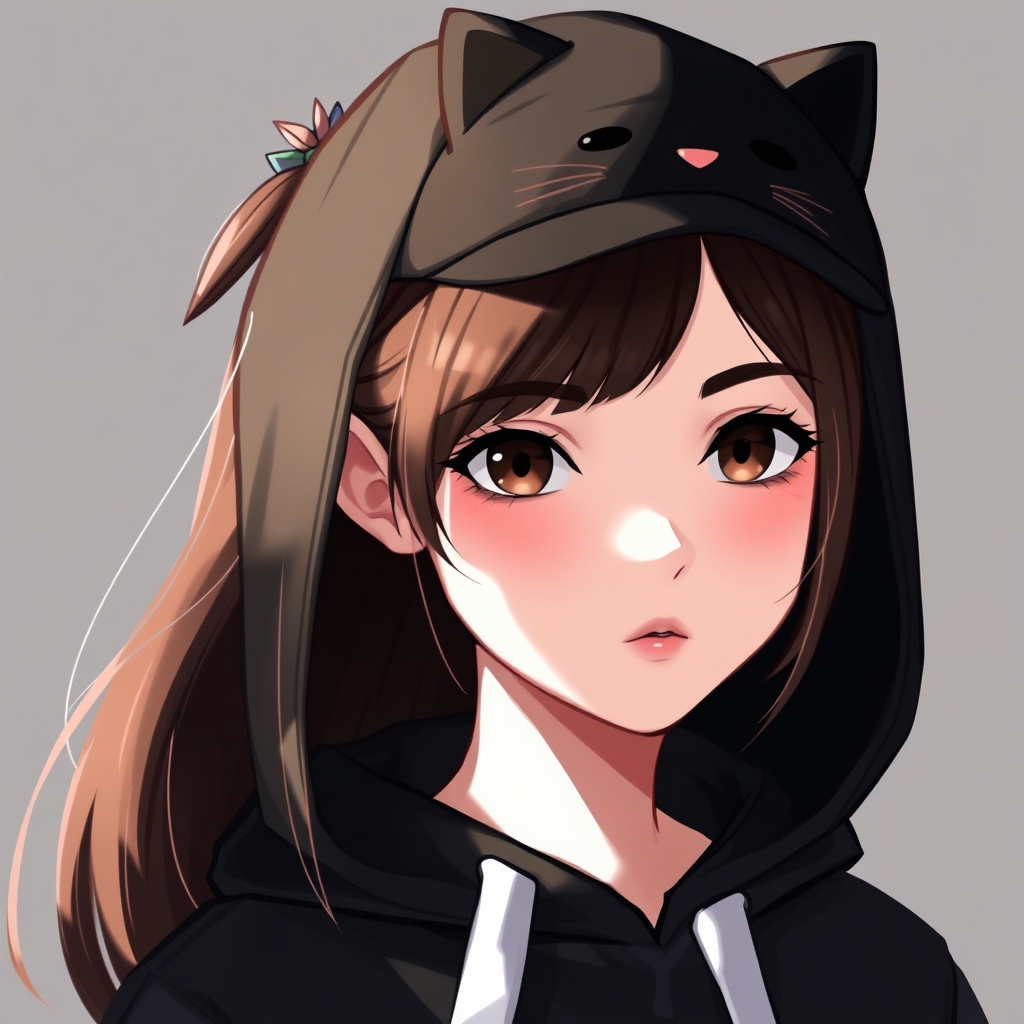 یک دختر نوجوان با موهای بلند خرمایی روبه مشکی که آن ها را با گیره ای پشت سرش جمع کرده است و چشمان قهوه ای تیره و هودی ای کلاه دار مشکی با طرح گربه که کلاهش را بر روی سرش گذاشته است و پوستی سفید 5