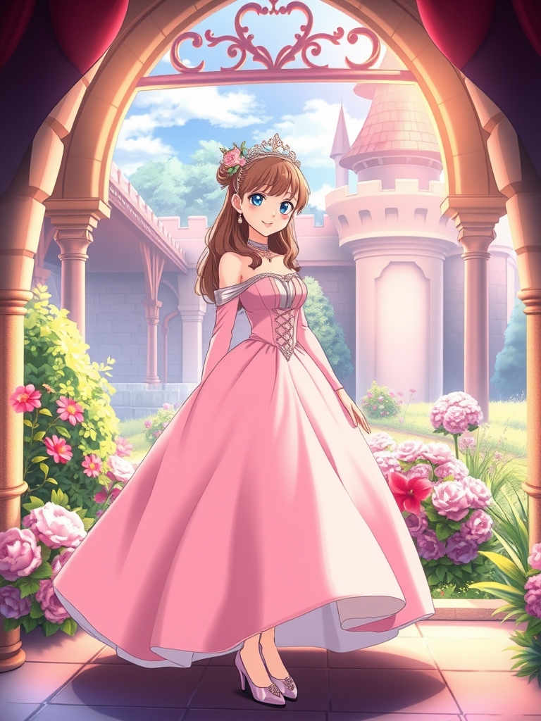 🪽👗👢🌸🦋👑💎
دختری جوان زیبا ورویایی وافسانه ای، که شاهزاده وپرنسس قصره ویک لباس پرنسسی مجلسی برای جشن پوشیده که رنگش خیلی زیباست وکمی کوتاهه که کفش های زیباش معلومند داخل باغ زیبای قصره وداره لبخند میزنه 17