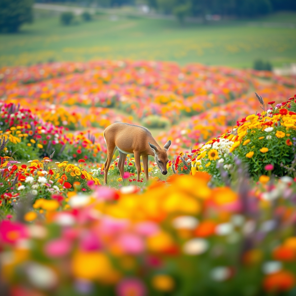یک سرزمینی پر از گل های رنگی رنگی که یک آهو و وسط آن است و در حال خوردن غذایش است17