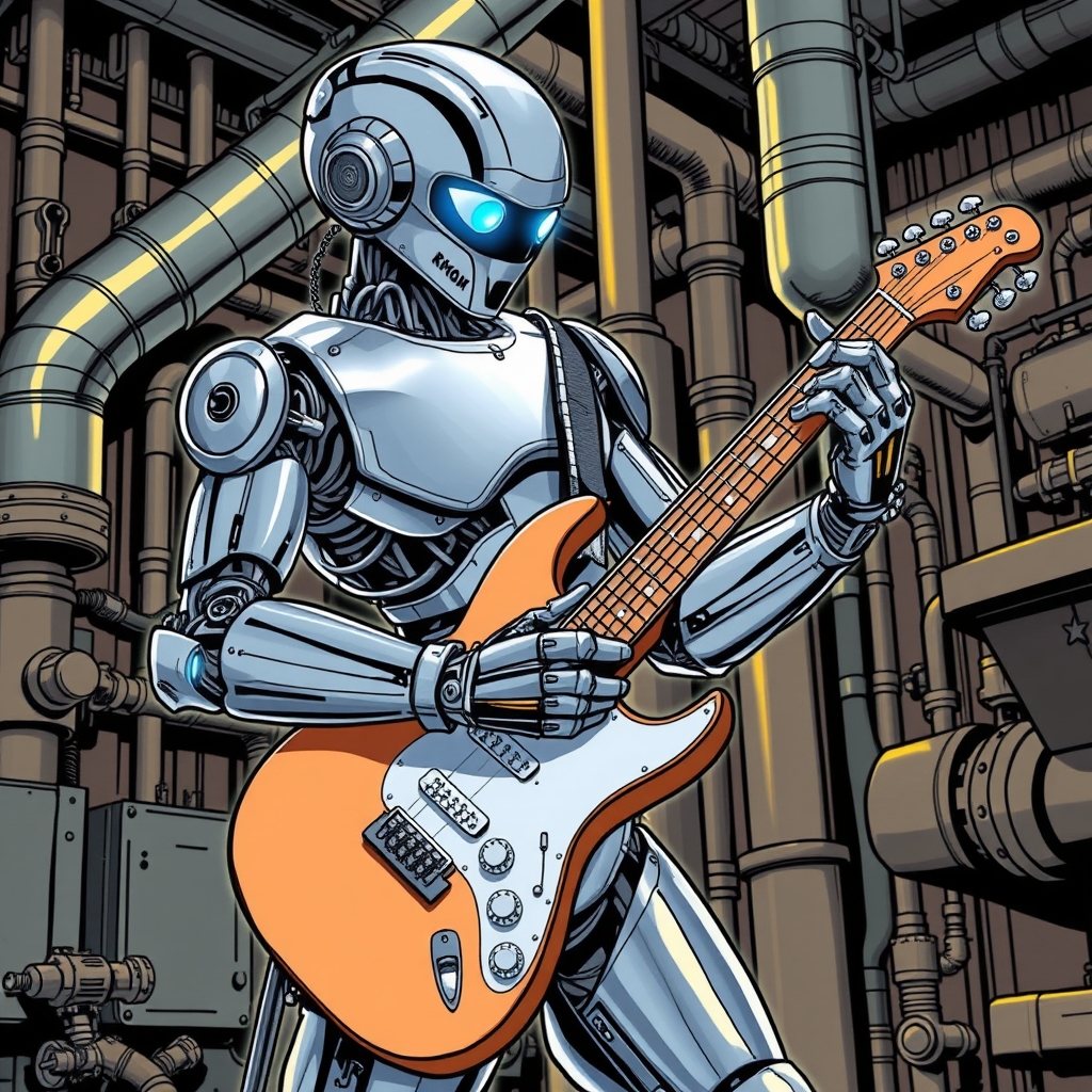The image depicts a futuristic robotic figure playing an electric guitar. The robot has a sleek, metallic design with glowing blue lights and intricate mechanical details. The background features various industrial elements, including pipes and machinery.5