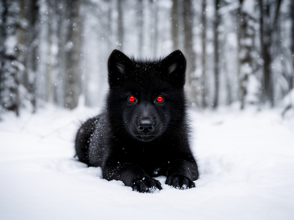 یک توله گرگ سیاه با مردمک چشمان قرمز در جنگلی برفی که باران برف وجود دارد دراز کشیده است و مو های گرگ کاملا سیاه است. بسیار بسیار بسیار بسیار بسیار واقع گرایانه 5