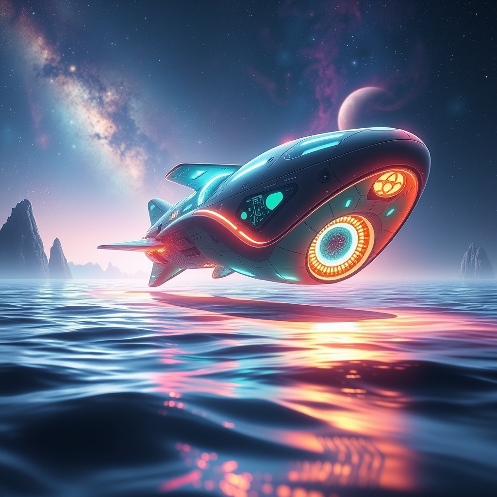 یک سفینه فضایی آینده‌نگر به شکل موجود دریایی، در حال پرواز بر فراز یک اقیانوس بیگانه.13