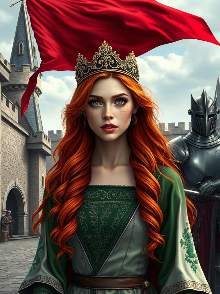 زنی بسیار زیبا و خوش اندام و جذاب با چشمان خاکستری و نگاهی ژرف و لبهای گوشتی قرمز و کک و مک و موهایی به رنگ سرخ اتشین خیلی خیلی بلند در حدی که بلندی موهایش تا ران پایش میرسد با نیم تاجی زیبا و پیراهنی سلطنتی و در شان بانوان درباری به رنگ سبز و سفید در حیاط یک قلعه ایستاده است و روی پرچم قلعه یک اژدهای سرخ دیده میشود فضا و سبک تصویر در قرن ۱۴ میلادی و یک شوالیه نجیب زاده در کنار او ایستاده است 23