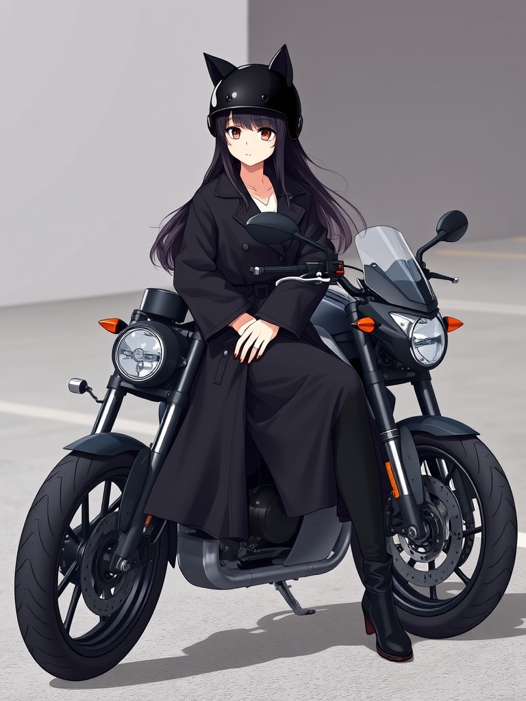 یه موتور سیکلت مدل بالا ی خفن با یه دختر مو بلند مشکی لخت چشمای عسلی نشسته روی موتور و کاپشن چرم کوتاه پوشیده موتوری و شلوار مشکی جذب و نیم بوت مشکی و کلاکاسکت مشکی با گوش های گربه ای ملوس و خفن5