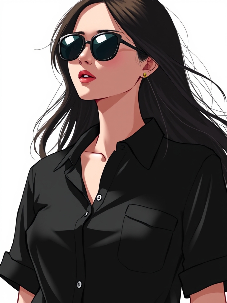 In the picture, a woman is wearing a black button-down shirt and a pair of sunglasses, and she has made up her outfit to look like Nate Ban. The background is simple and bright.9