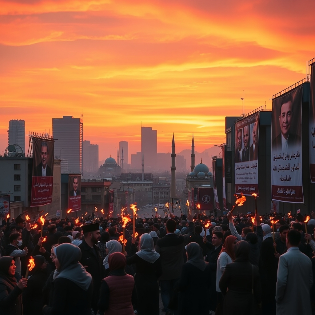Tehran skyline at sunset, huge banners of martyrs hanging from buildings, people lighting torches in honor — hopeful and powerful mood0