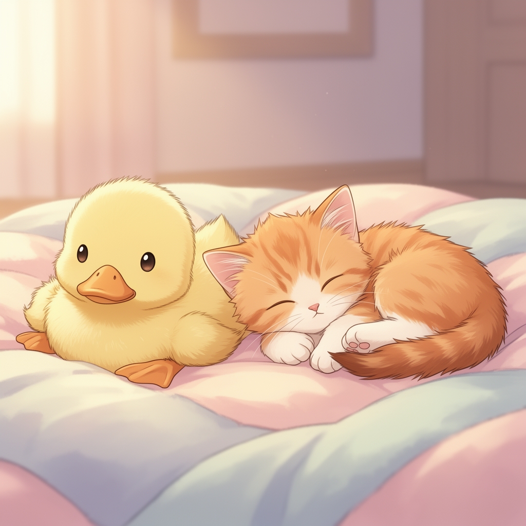 یه جوجه اردک کوچولوی ناز که کنار یه بچه گربه ملوسه و هردو خوابیدن 3