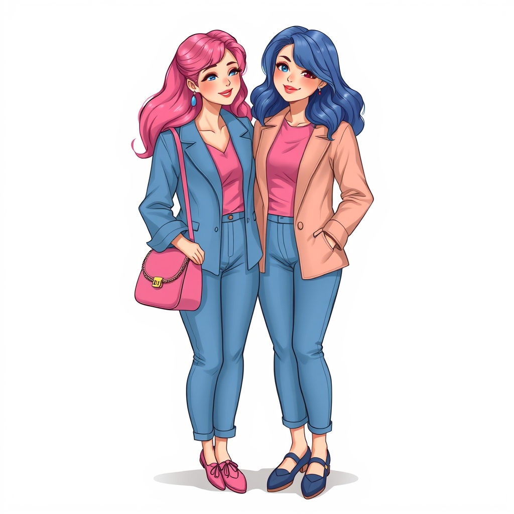 دو دختر که روست صمیمی هستند یکی ازآن ها لباس صورتی و کیف و کفش صورتی و موهای صورتی دارد و دیگری لباس آبی و کیف و کفش آبی و موهای آبی دارد 2