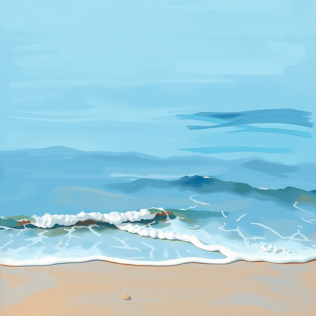 دریای آبی آرام با کمی موج بر ساحل شنی نقاشی رنگ روغنی پست آمپرسیونیم 4
