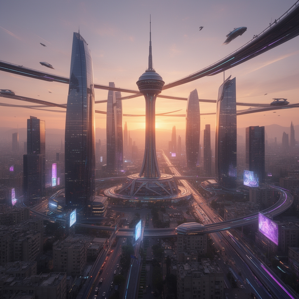 منظرهای از شهر تهران در آینده دور، برج میلاد در میان ساختمانهای شیشهای بلند، اتوبانهای هوایی، غروب آفتاب نارنجی و بنفش.0