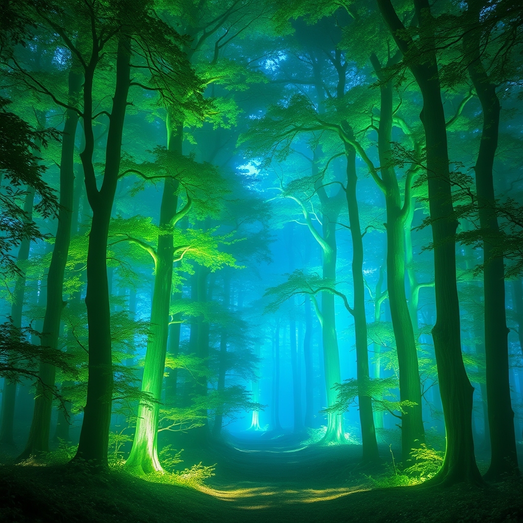 یک جنگل اسرارآمیز با درختانی از جنس نور، که با سایههای سبز و آبی به نرمی میدرخشند
1