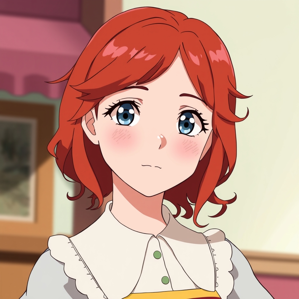 آنشرلی با موهای قرمز چشم‌های آبی موهای قرمز چشم‌های آبی و صورت ککومکی و لباس‌های. 
....4