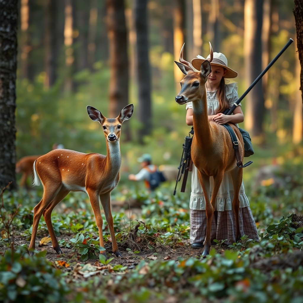 یک اهو ی کوچک که پایش شکسته و یک شکارچی که میخواهد او را بکشد و در کنارش اهوی ماده ی بالغ هست یک دختر 12 ساله ی سفید پوست در جنگل از انها محافظت کند لباسش بینهایتت زیابست
9