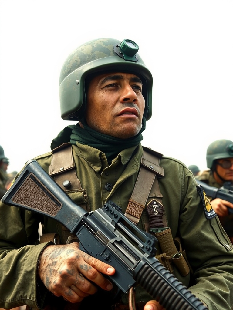 فردی با لباس‌های جنگی که پوشیده در ۸ سال دفاع مقدس ایران  عراق جنگ ایران و عراق تفنگ دست گرفته اشک می‌ریزد و می‌جنگد15